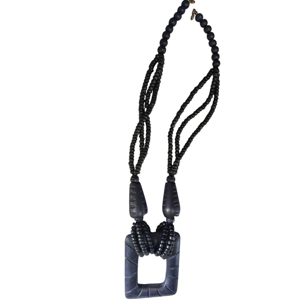 Necklace Wood Beads tribal navy blue accent engraved pieces vintage